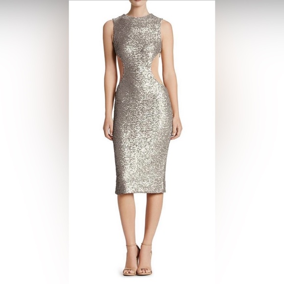 Sequined ‘Ryan’ Cutout Tea-Length Dress in Silver - Picture 2 of 14